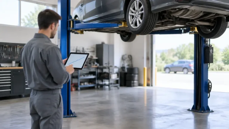 is a car lift worth it blog feature image showing technician inspecting car on lift