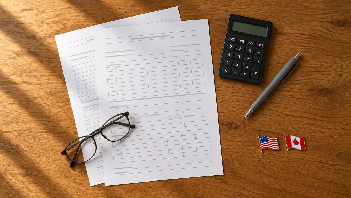 Overhead flat lay of tax forms and a calculator with US and Canada icons