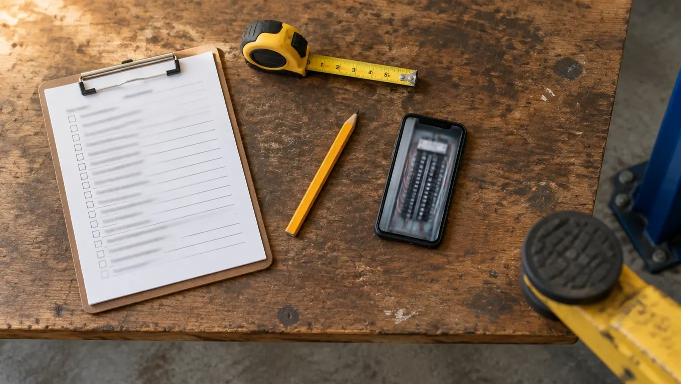 Flat-lay of an electrician quote checklist for a car lift circuit with tape measure, panel photo and lift manual