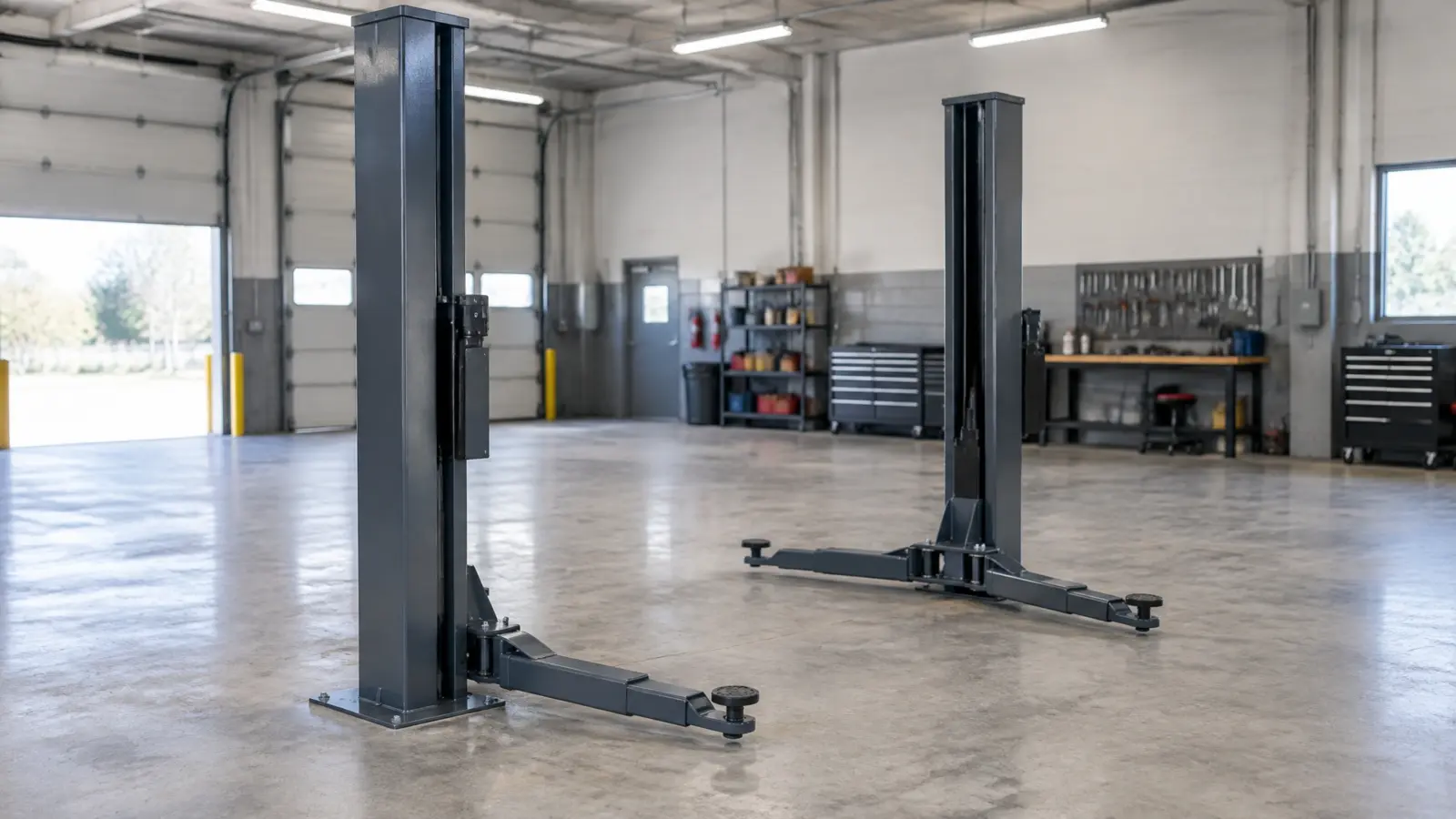Low-profile floorplate lift base with open ceiling space and no overhead crossbar.