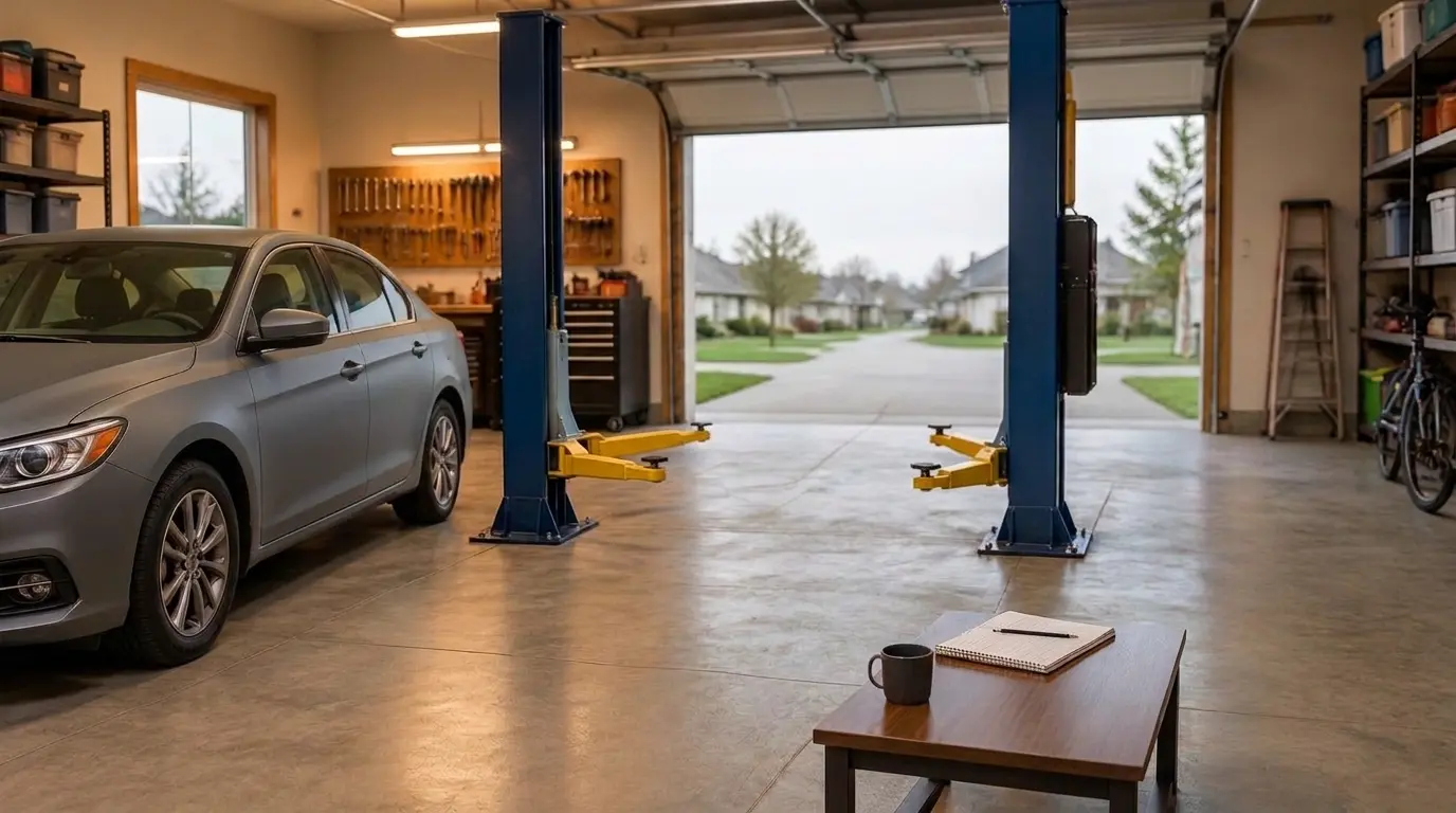 Homeowner reviewing a budget worksheet beside an unbranded car lift in a home garage