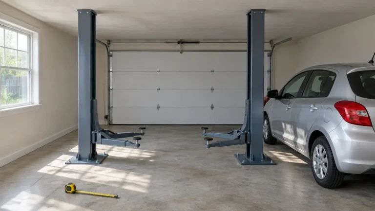 home garage car lift cost feature image of inside a garage with car and 2 post lift