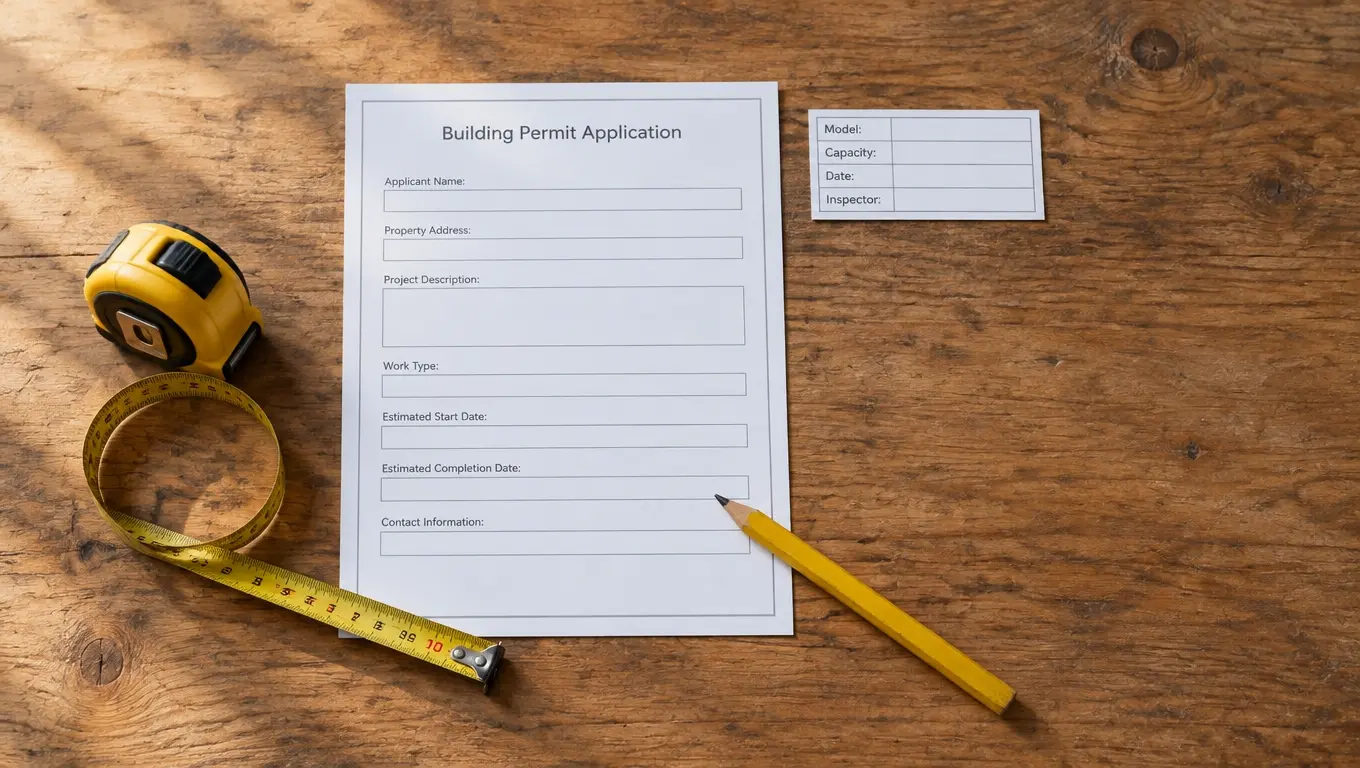 Flat lay of a building permit form, tape measure, and certification label mockup on a clipboard