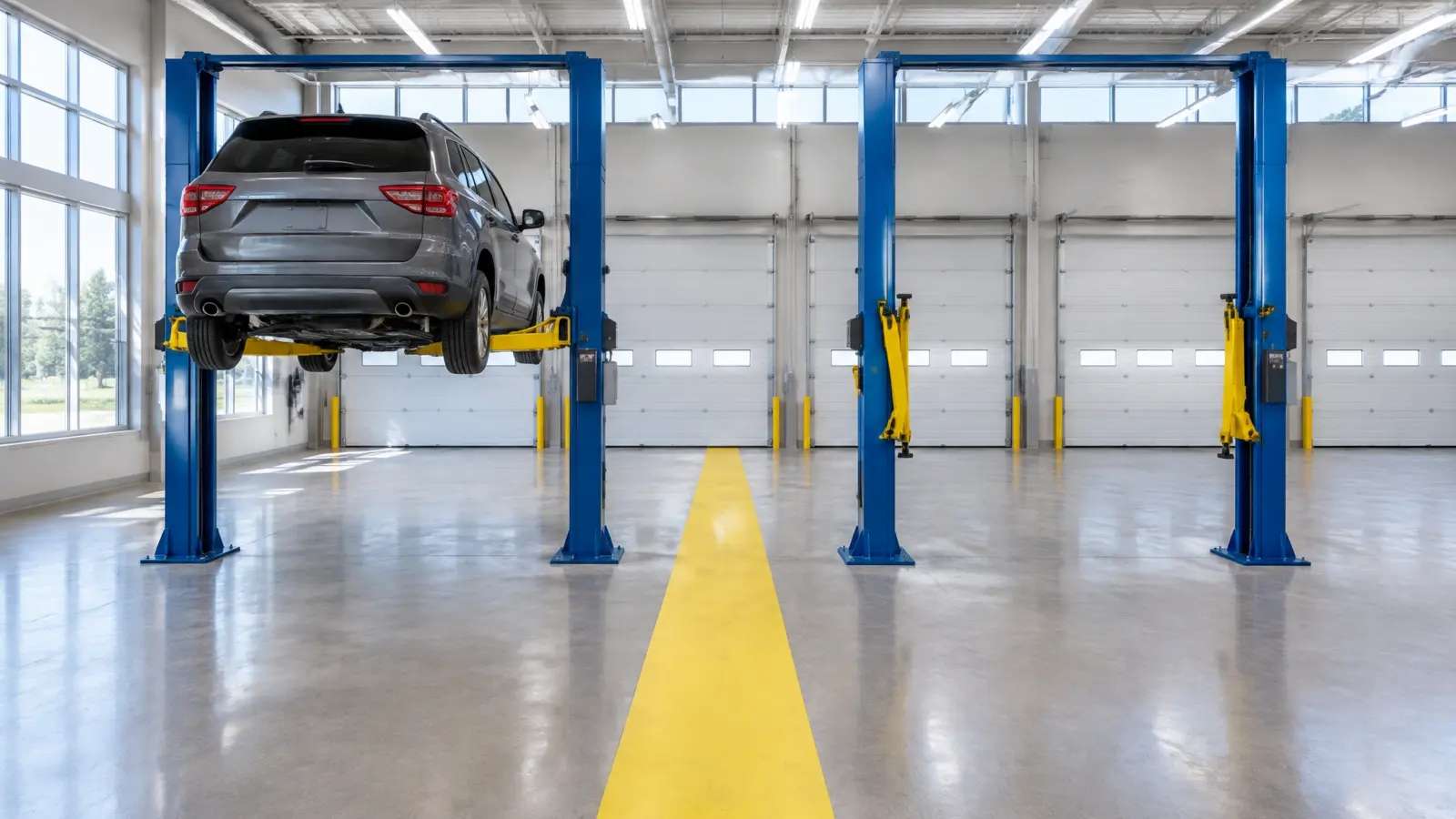Two gray lifts in neighboring shop bays with a clear painted walkway between their columns
