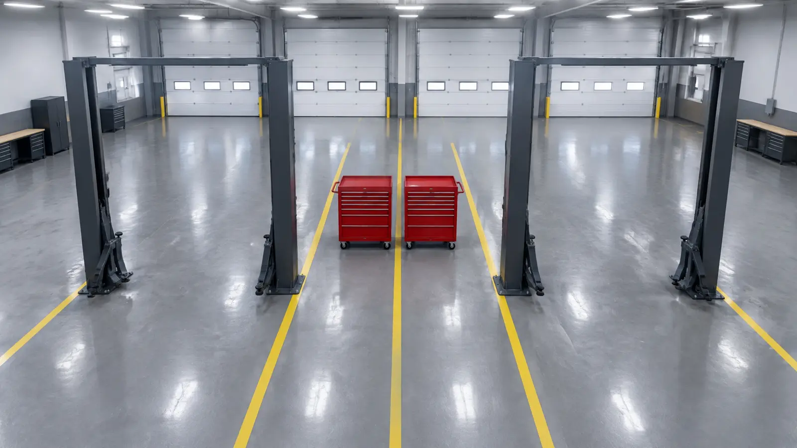 Two side-by-side 2 post lift bays with a striped shared aisle and tool chests between them