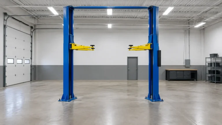 2 post lift dimensions feature image showing 2 post lift in empty garage setting