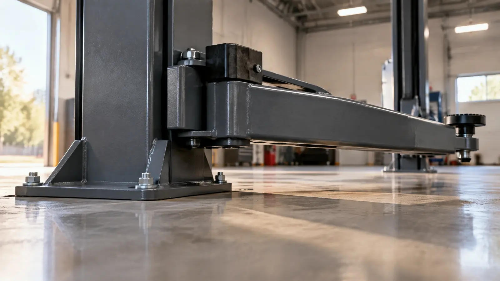 Close-up of a two-post lift column base and arm showing drive-thru clearance gap.