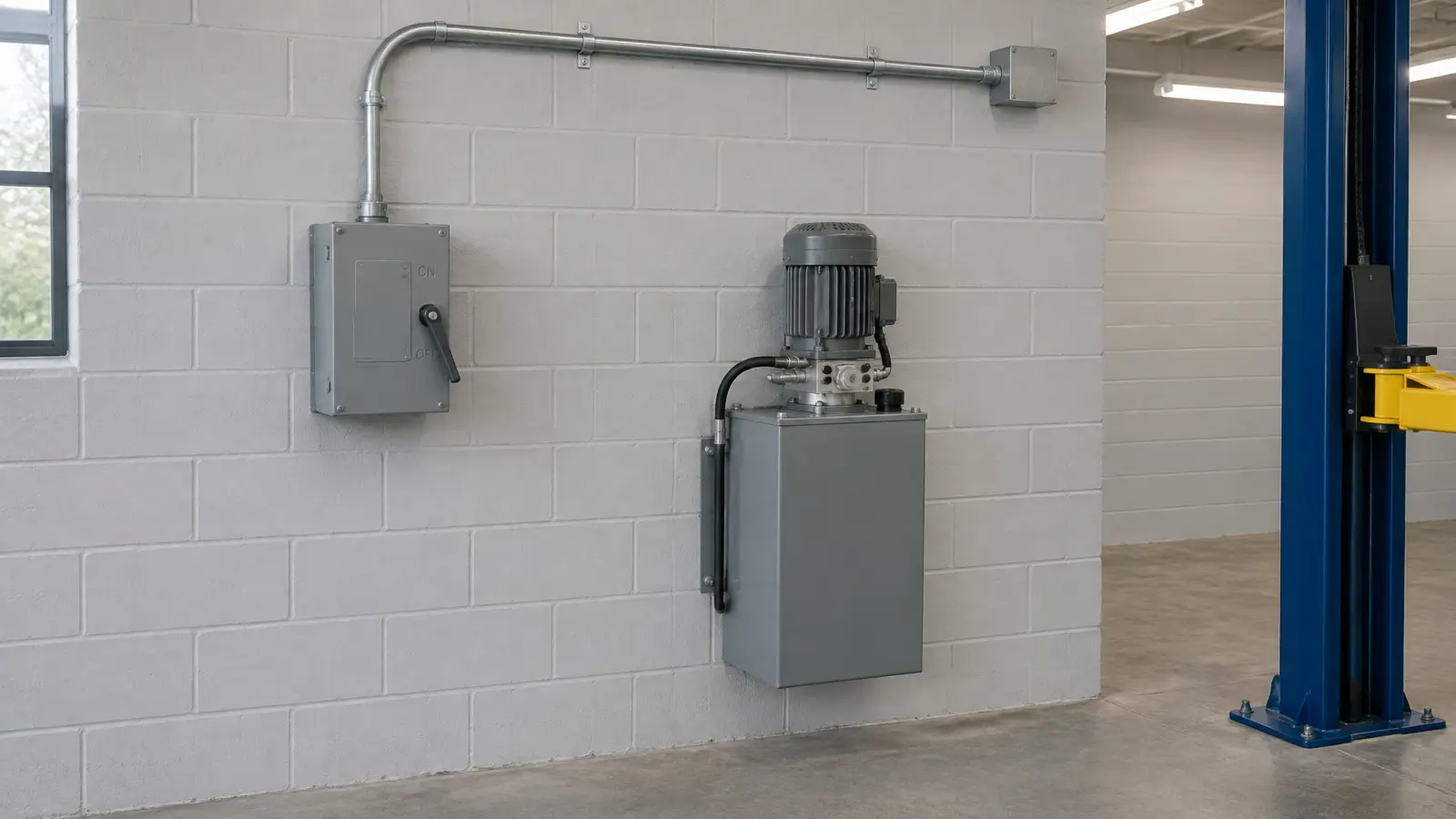 Electrical disconnect box and conduit mounted on a wall near a car lift power unit.