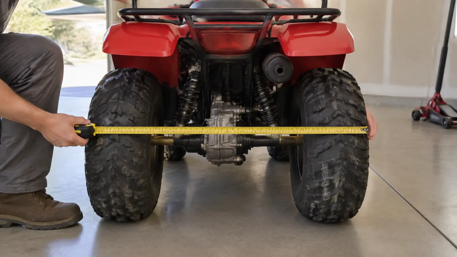 Rider measuring across the outside tire edges of an ATV to check lift table platform width