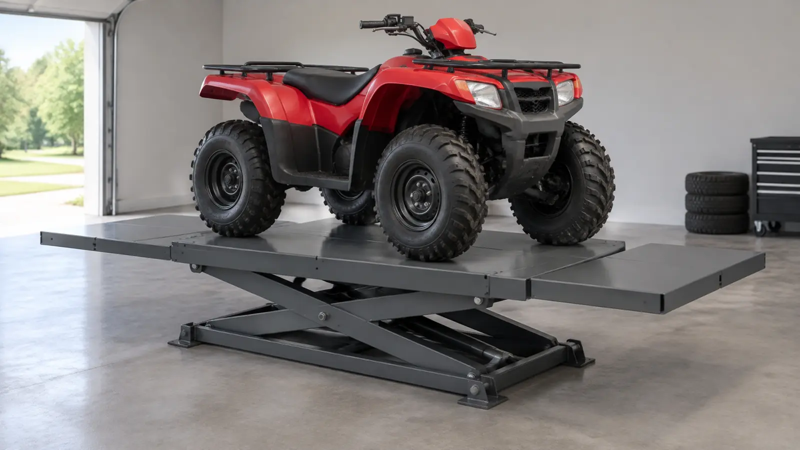 Motorcycle and ATV lift table with side extensions installed and a utility ATV centered on the platform