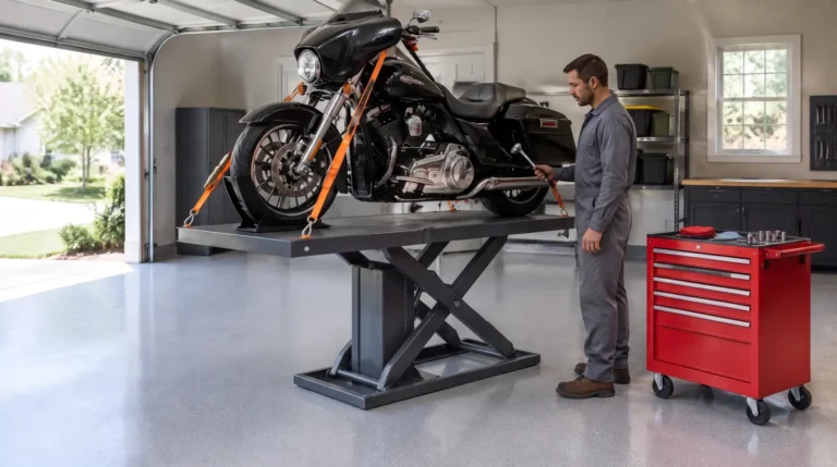 Motorcycle lift table raised to standing work height in a home garage with a touring cruiser strapped in place