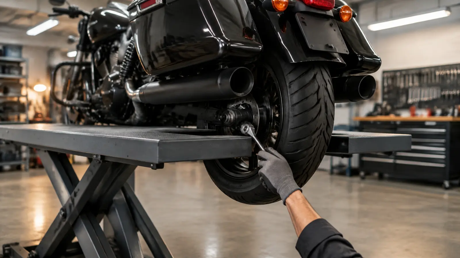 Rear wheel drop-out panel removed on a lift table so the motorcycle rear wheel hangs free for removal